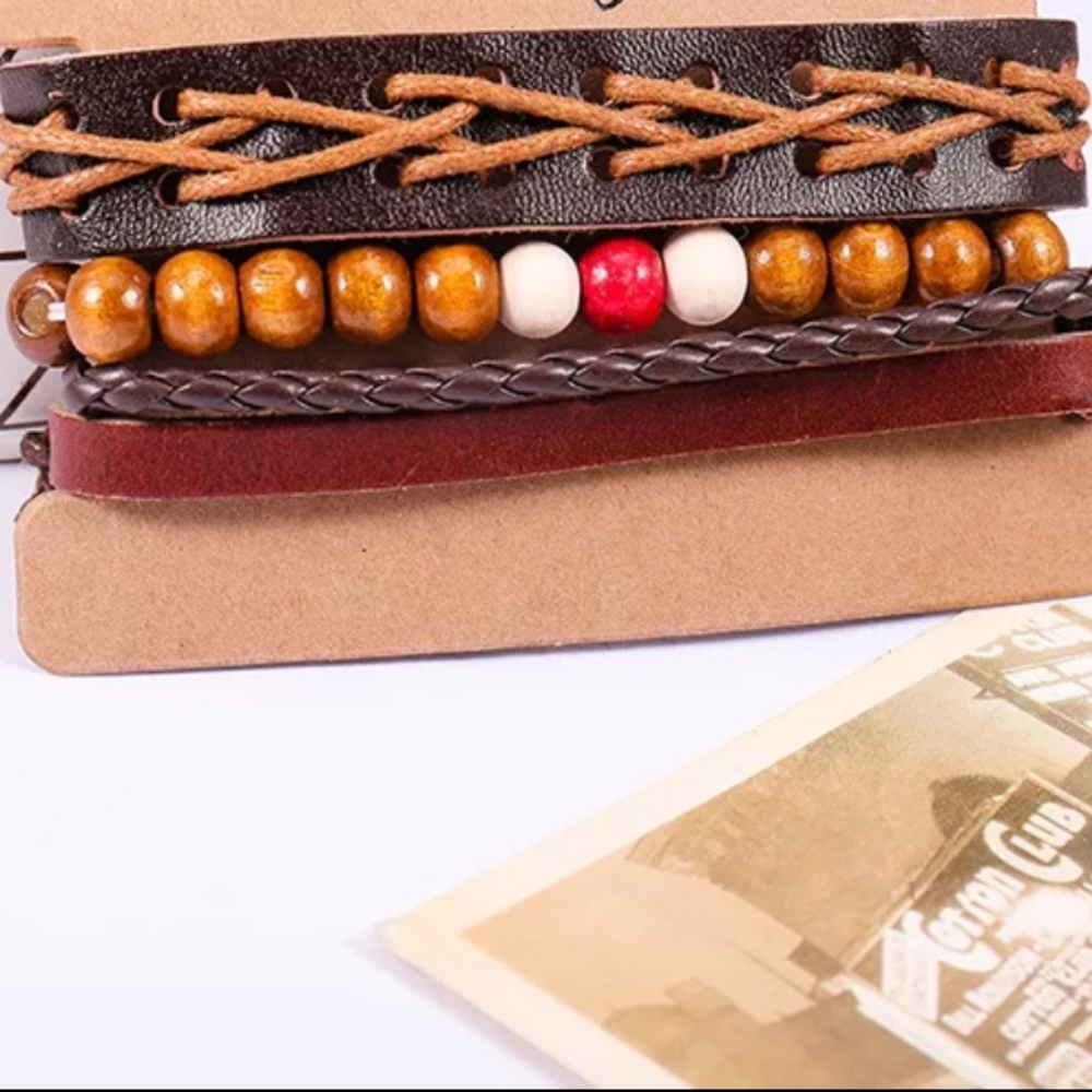 Boho Multilayer Leather Beaded Adjustable Unisex Bracelet OS - Picture 4 of 4